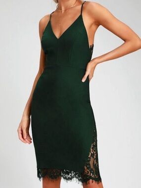 Lulu's Dark Green Lace-Trim Midi Slip Dress